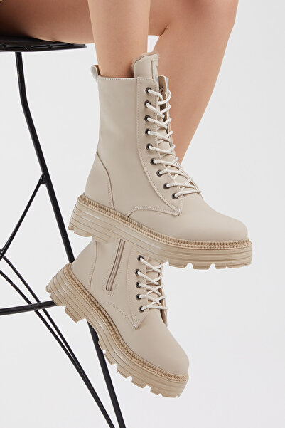 PowerSpeed Kadın Krem Cilt Rahat Kalıp Kalın Taban Bağcıklı ve Fermuarlı Bot