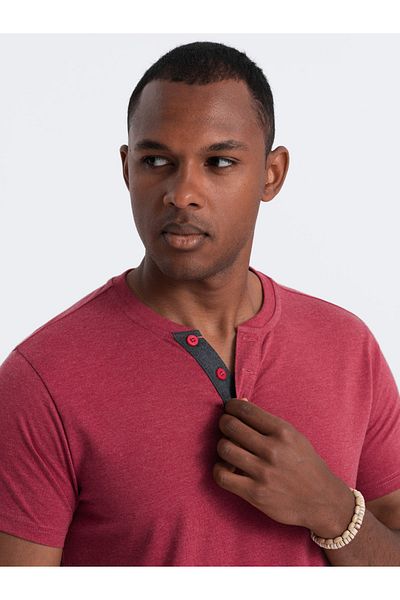 OMBRE Men's T-shirt with round henley neckline - red V1 OM-TSCT-0155 L