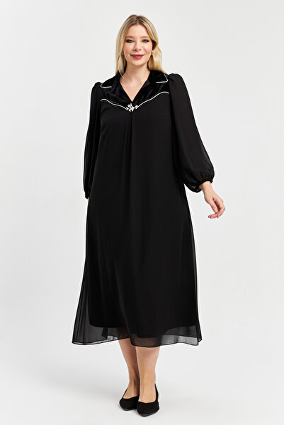 İnce Biye detaylı Büyük Beden Midi boy Şifon Elbise