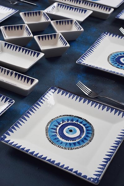Piatti Naturali 16 Pieces 6-Person Evil Eye Model Breakfast Set Handmade Breakfast Presentation Set Serving Plates