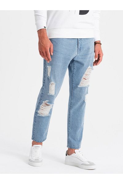 OMBRE Pantaloni din denim TAPERED FIT pentru bărbați cu găuri - albastru deschis V1 OM-PADP-0175 L