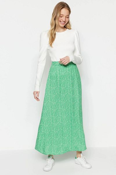 Saade Green Floral Printed Viscose Woven Flared Skirt