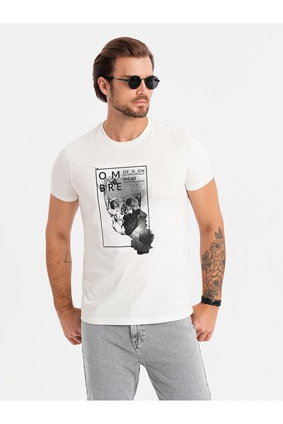 OMBRE Herren Baumwoll-T-Shirt mit Totenkopf - weiß V2 OM-TSPT-0200 M