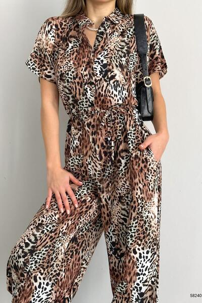 Deafox Viscose Fabric - Brown Patterned Elastic Leg Jumpsuit