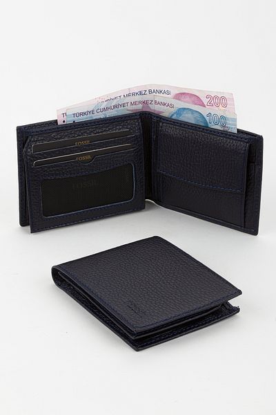 Fossil Boxed Genuine Leather Horizontal Navy Blue Small Size Men's Hand Portfolio Wallet