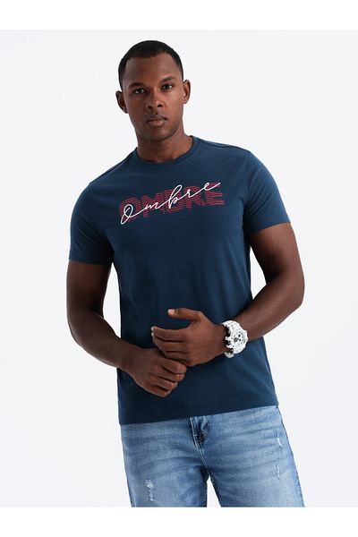 OMBRE Tricou bărbătesc din bumbac cu logo-ul dublu imprimat - bleumarin V3 OM-TSPT-0211 XL