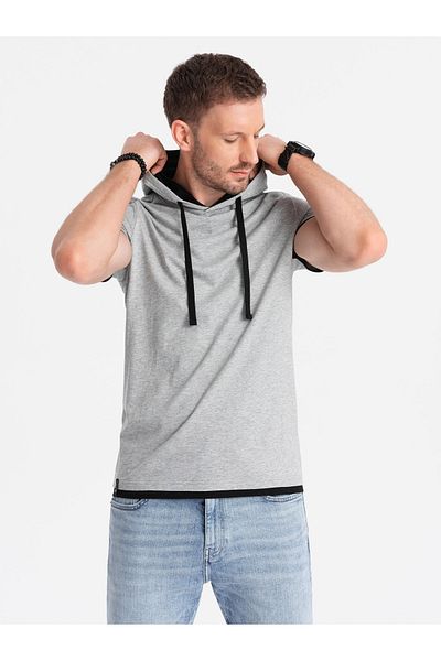 OMBRE Casual men's cotton hooded t-shirt - grey melange V8 OM-TSCT-22SS-001 S