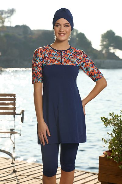 REMSA Short Sleeve Semi-Covered Swimsuit 24821 Navy Blue
