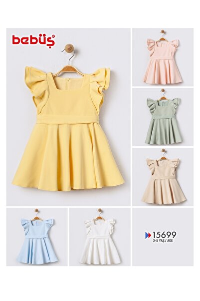 Bebüş Yellow Girls' Dress - Crepe Fabric, Flounced Sleeves, Pleated Flared, Square Neck 15699