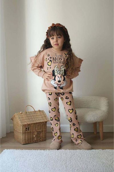 MİNİKO KİDS Girl's Cotton Suit with Mickey and Deer Model with Spanish Leg Leggings