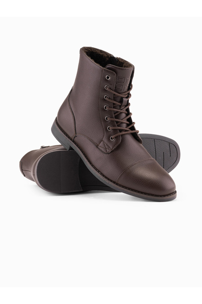 OMBRE Pánské boty z eko kůže se zatepleným vysokým svrškem - tmavě hnědá V2 OM-FOBO-0172 (BROWN) 45