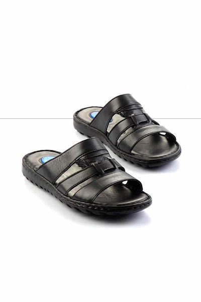 Bambi Black Leather Men's Slippers E 04437180903