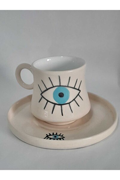 kuşakk Seramik Türk Kahvesi Fincanı Ve Tabağı Nazar Boncuklu