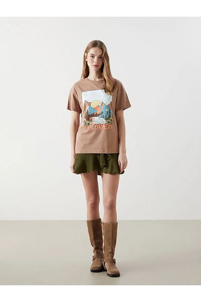 LC Waikiki Γυναικείο μπλουζάκι XSIDE Brown Crew Neck Colorado με στάμπα