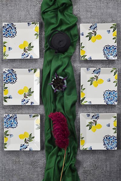 Piatti Naturali Set of 6 Lemon Pattern Handmade Cake Plates - Dessert Presentation Serving Plates 20cm
