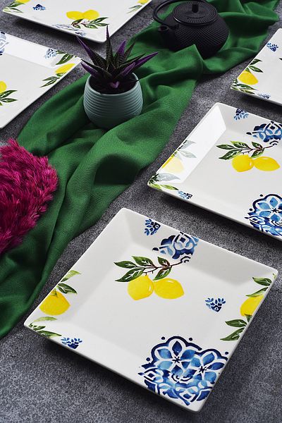 Piatti Naturali Set of 6 Lemon Pattern Handmade Cake Plates - Dessert Presentation Serving Plates 20cm