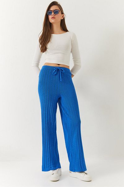 Bianco Lucci Women's Elastic Waist Ribbed Palazzo Trousers 20223118