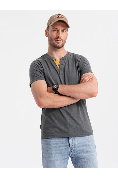 OMBRE Pánské tričko s kulatým výstřihem henley - tmavě šedé V6 OM-TSCT-0155 XL