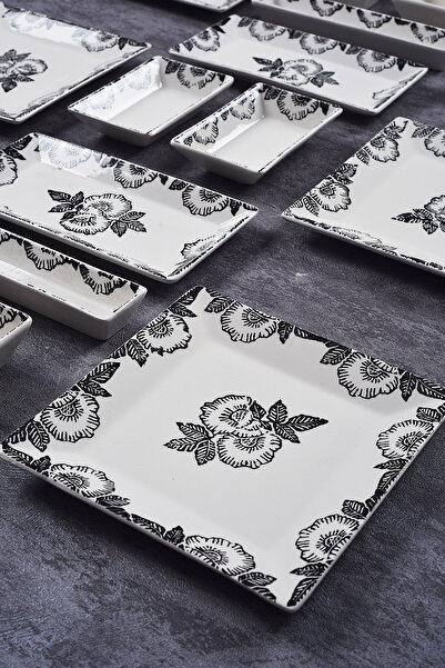 Piatti Naturali 16 Parça 6 Kişilik Black Rose Kahvaltı Takımı Handmade Kahvaltılık Sunum Seti Servis Tabakları