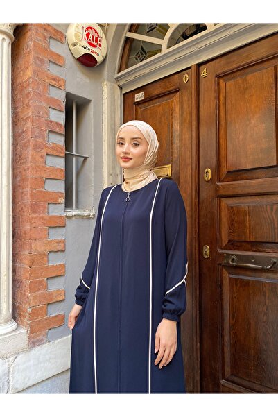 JALİA Ecru Piping Detailed Handle Elastic Comfortable Fit Thin Woven Zippered Ferace