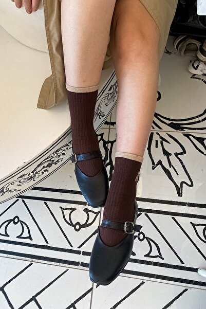 SHOEBELLAS Lupan Black Skin Buckle Detailed Women's Ballerinas