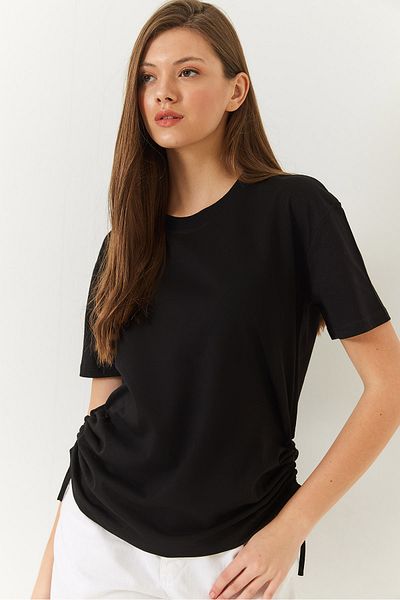 Bianco Lucci Women's Basic Basic T-Shirt with Gathered Sides 60602003