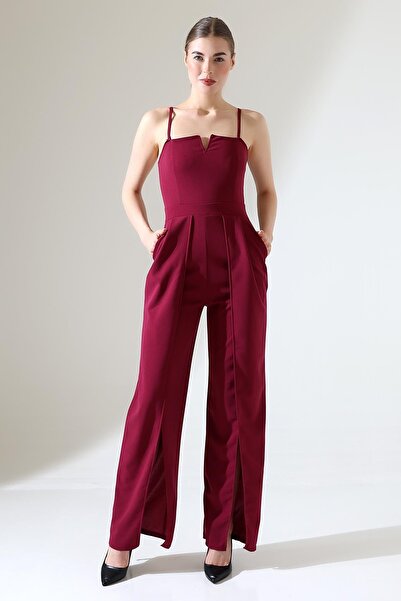 Deafox Plum Crepe Fabric Jumpsuit with Hanging Neck and Slit Detail