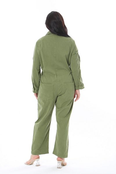 Şans Women's Plus Size Khaki Hidden Placket Snap Button Pocket Detail Jumpsuit 65N38726