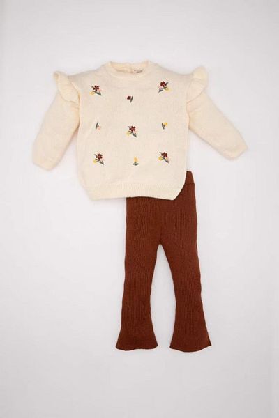 DeFacto Floral Embroidered Crew Neck Knitwear Sweater and Flared Leg Leggings for Baby Girl - C8454A524Wn
