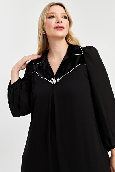 İnce Biye detaylı Büyük Beden Midi boy Şifon Elbise