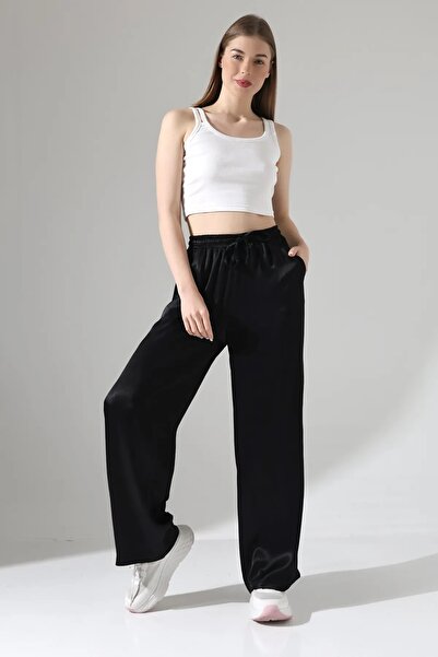 Zula Moda Жіночі штани з еластичним поясом, прямі, чорні, атласні