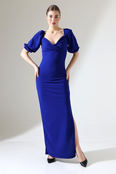 Deafox Сакс креп тканина круазе комір балон рукав розріз деталі максі сукня