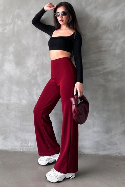 Madmext Bordo Yüksek Bel Düz Model Kadın İspanyol Paça Tayt Pantolon Mg2288