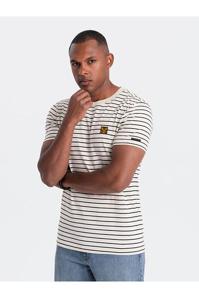 OMBRE Pánské pruhované tričko s nášivkou od Ombre Design - krémová a černá V1 OM-TSCT-0183 XXL