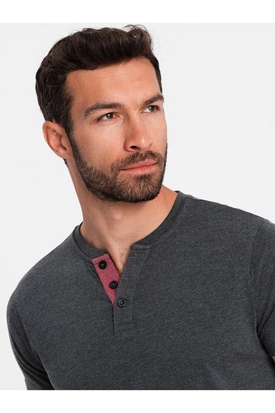 OMBRE Pánské tričko s rozepnutým kulatým henley výstřihem - černé V4 OM-TSCT-0155 S