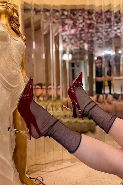SHOEBELLAS Olday Burgundy Patent Leather Gold Buckle Detailed Women's Heeled Shoes