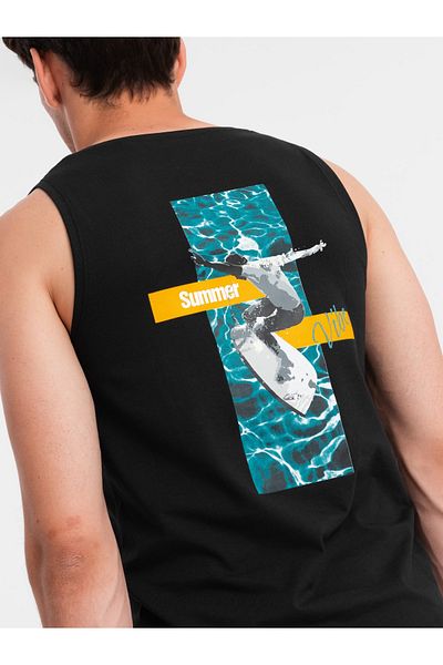 OMBRE Pánské bavlněné tílko s potiskem Summer Vibe - černé V1 OM-TSTT-0191 XXL