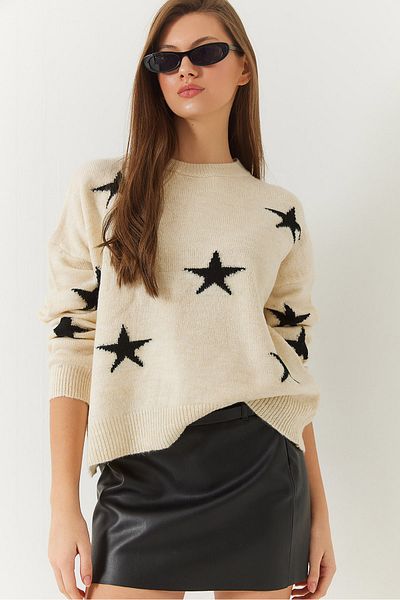 Bianco Lucci Women's Crew Neck Star Patterned Knitwear Sweater 20247536