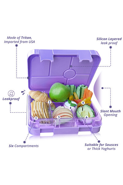 Eazy Kids Eazy Kids Unicorn Purple 6 Compartment Bento Lunch Box w / Lunch Bag - Grey