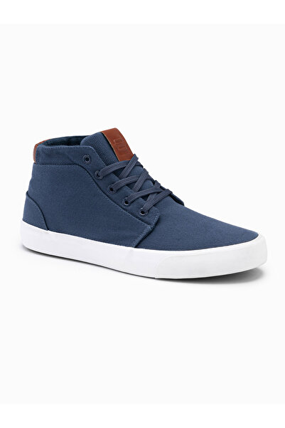 OMBRE Pánské vysoké tenisky z bavlněného plátna - tmavě modré V1 OM-FOTH-0156 45