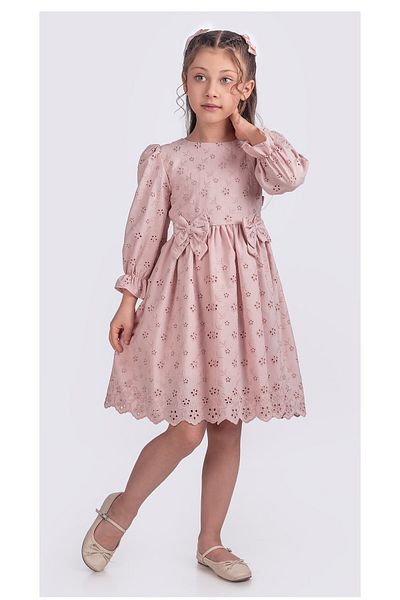 Zaziko Kids Girl's Long Sleeve Elastic Sleeves Guppy Ribbon Detail Dress Elb.2774-Z