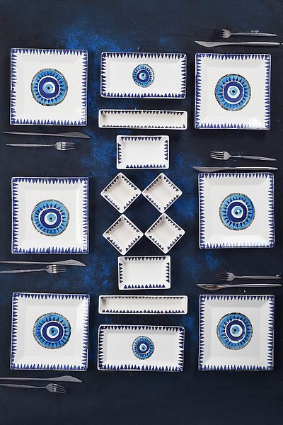 Piatti Naturali 16 Pieces 6-Person Evil Eye Model Breakfast Set Handmade Breakfast Presentation Set Serving Plates