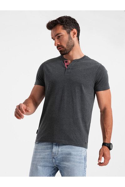 OMBRE Pánské tričko s rozepnutým kulatým henley výstřihem - černé V4 OM-TSCT-0155 S