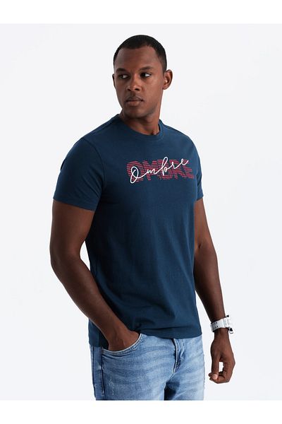 OMBRE Tricou bărbătesc din bumbac cu logo-ul dublu imprimat - bleumarin V3 OM-TSPT-0211 XL