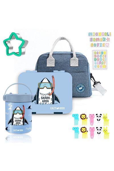 Eazy Kids صندوق غداء بنتو مكون من 4 أقسام مع حقيبة غداء ووعاء طعام فولاذي من Shark - أزرق