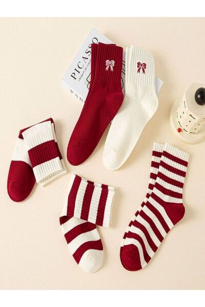 Sky Socks 5'li Ekonomik Paket Bordo-Beyaz Çizgili Kurdele Desenli Unisex Tenis Çorap Seti