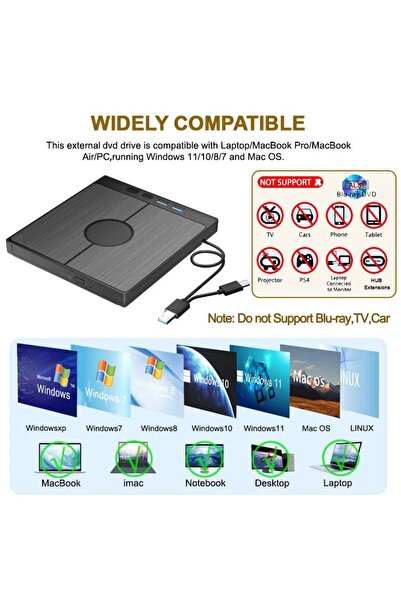 sz master bilişim Dvd Cd Yazıcı Okuyucu 7 Girişli Oyun Film Video Usb Type-C Sd Kart Windovs Mac Ve Laoptop Uyumlu