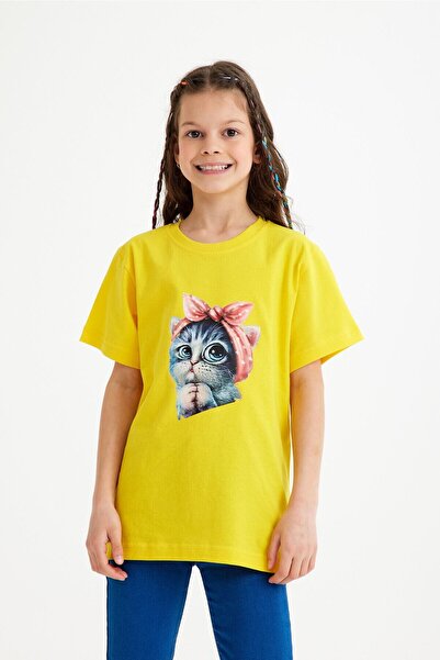 CC STORE Cat Printed Yellow Children's T-Shirt for Ages 5 - 15