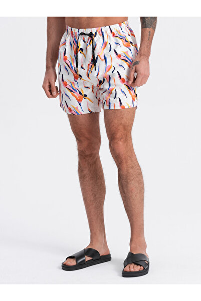 OMBRE Pánské plavky s barevným potiskem - bílé V2 OM-SRBS-0140 M