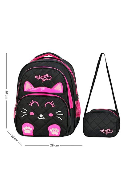 Linea Waddell 3 Compartment Primary School and Lunch Box - Cat Black-Pink 5011